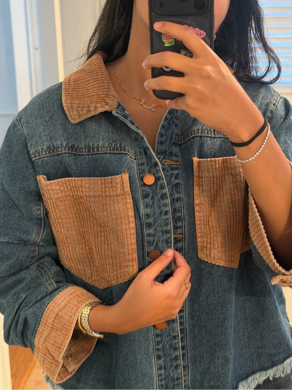 Democracy Blue Denim Jacket with Tan Corduroy Accents